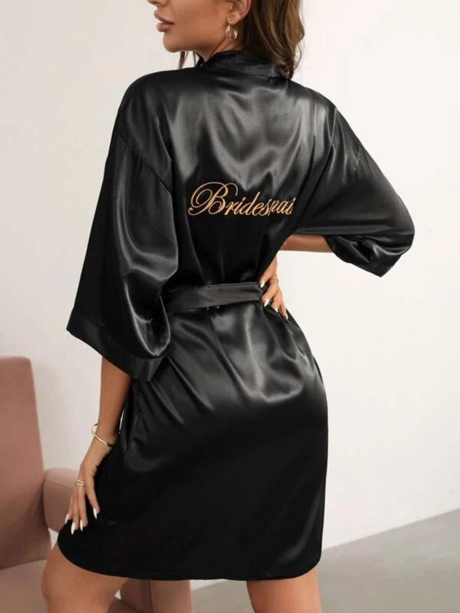 Letter Embroidered Belted Satin Bridesmaid Robe