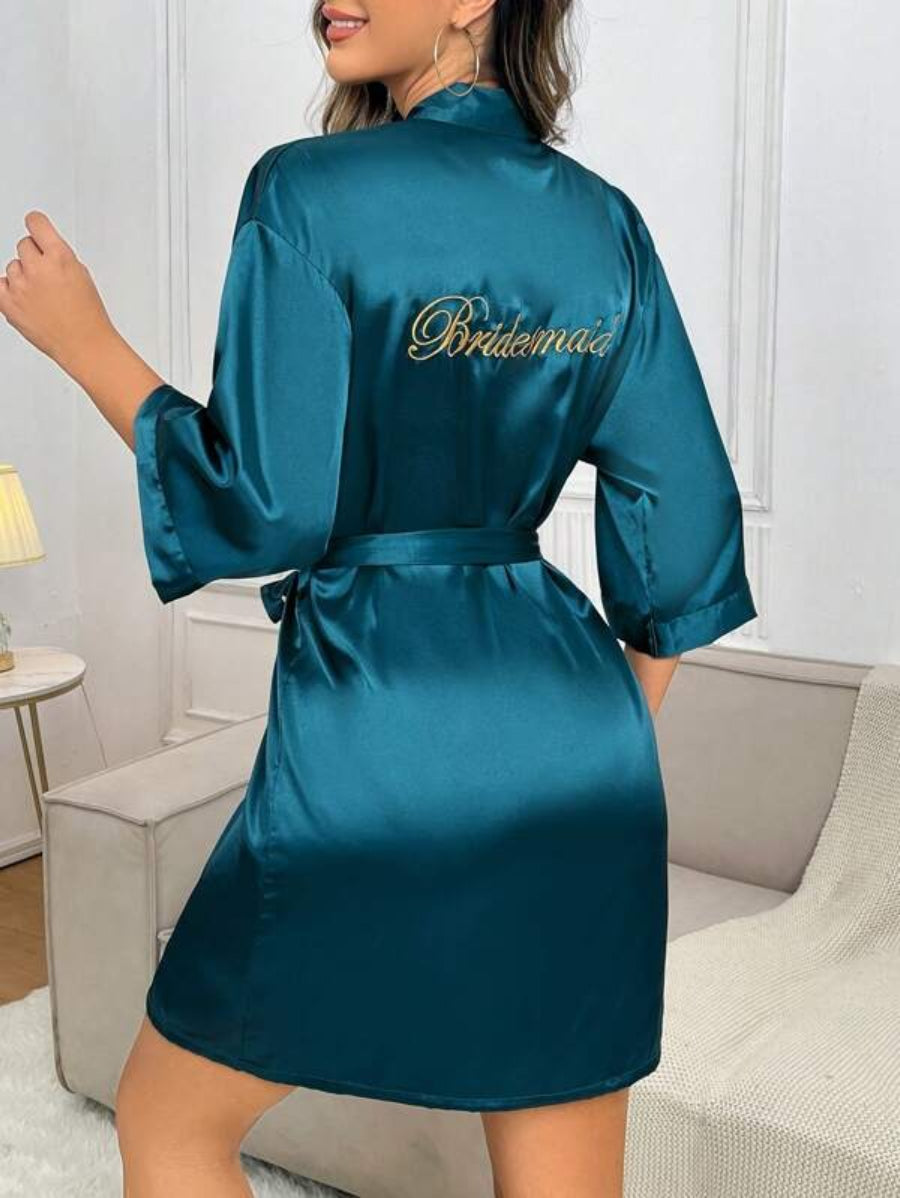 Letter Embroidered Belted Satin Bridesmaid Robe