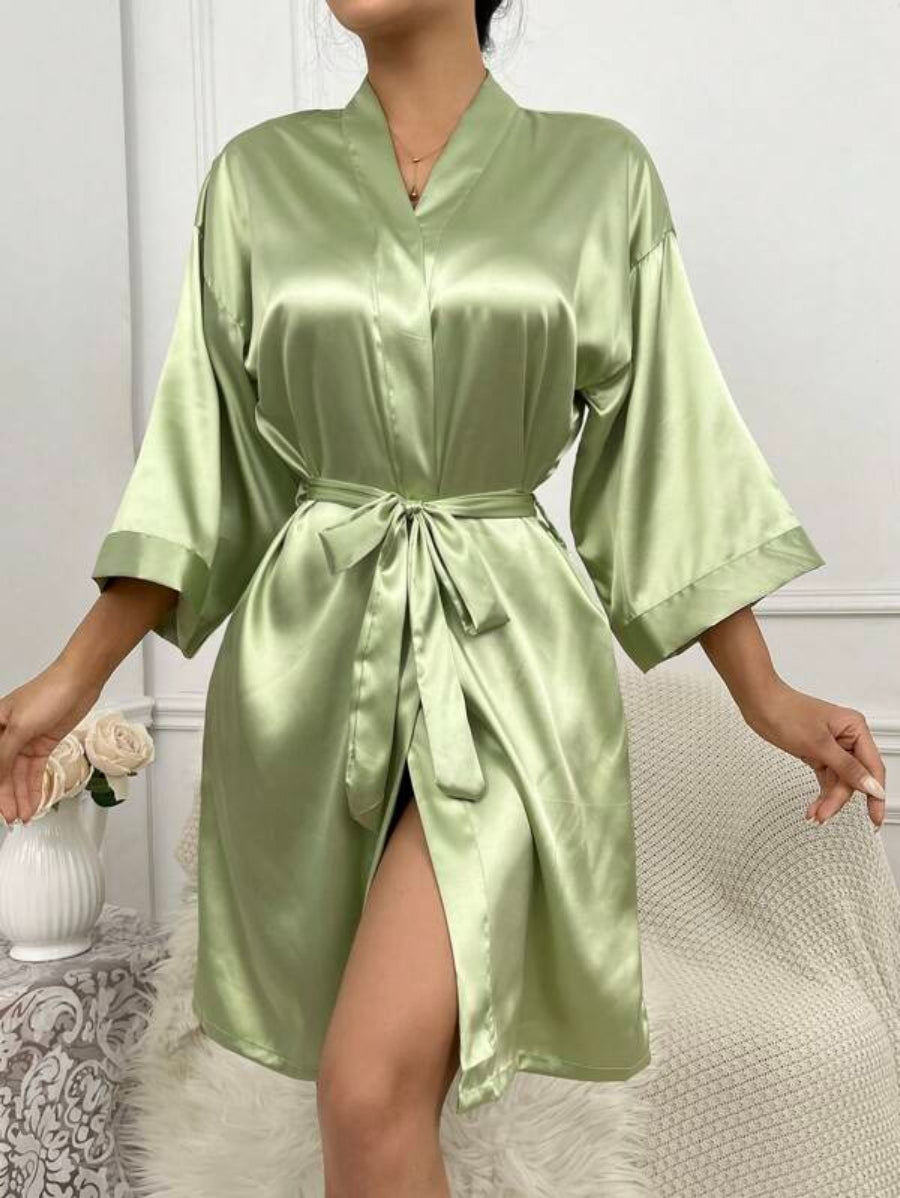 Letter Embroidered Belted Satin Bridesmaid Robe Green