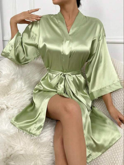 Letter Embroidered Belted Satin Bridesmaid Robe