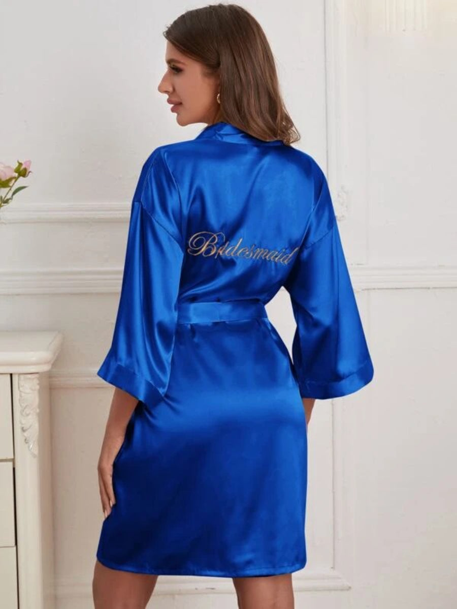 Letter Embroidered Belted Satin Bridesmaid Robe