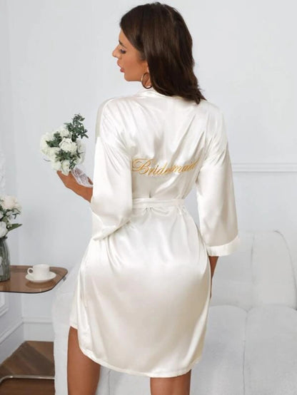 Letter Embroidered Belted Satin Bridesmaid Robe