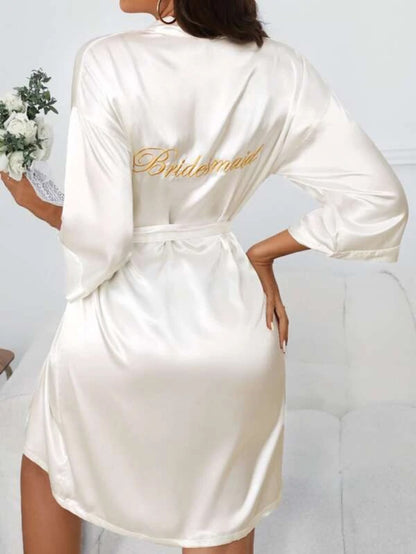 Letter Embroidered Belted Satin Bridesmaid Robe