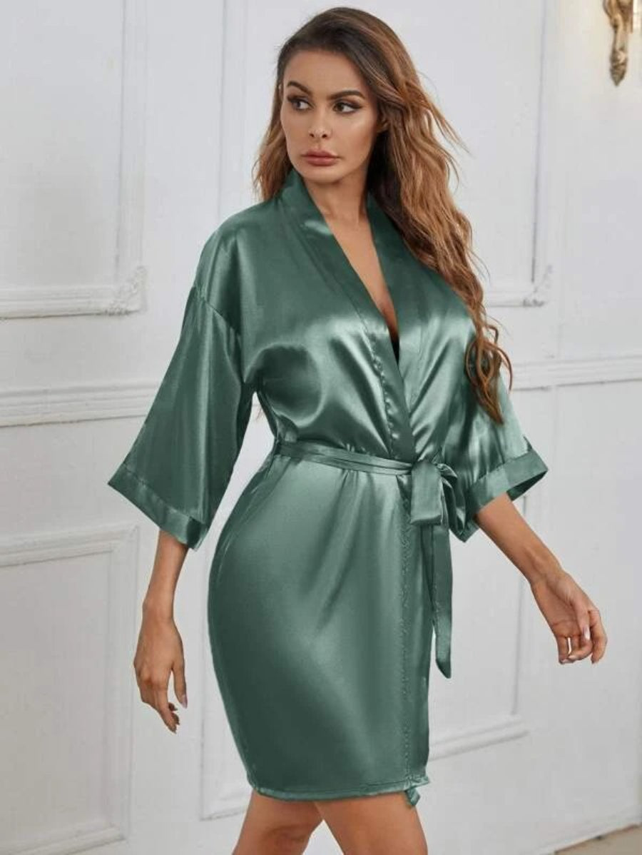 Letter Embroidered Belted Satin Bridesmaid Robe Dark Green