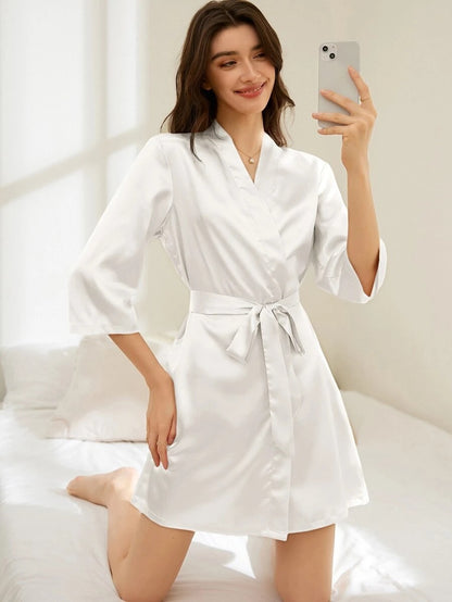 Letter Embroidery Belted Satin Bride Robe