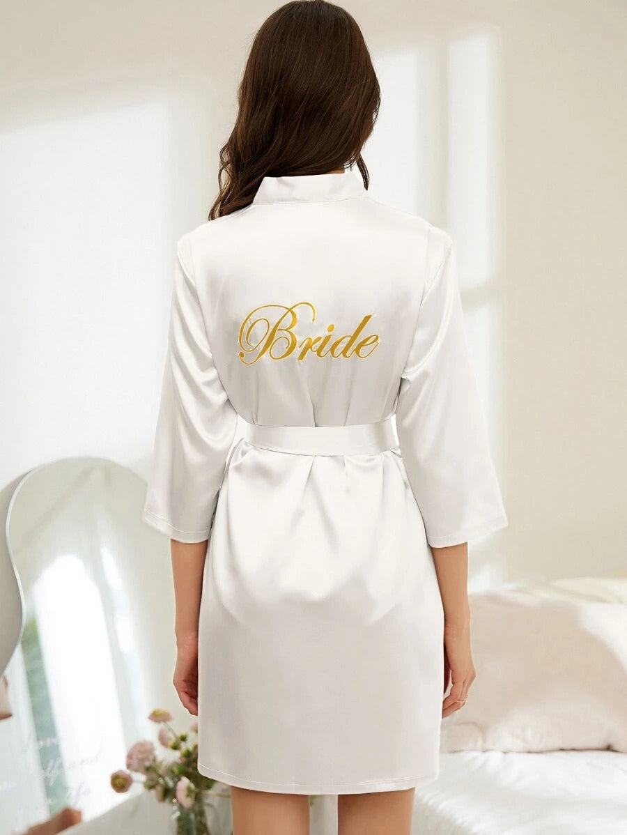 Letter Embroidery Belted Satin Bride Robe