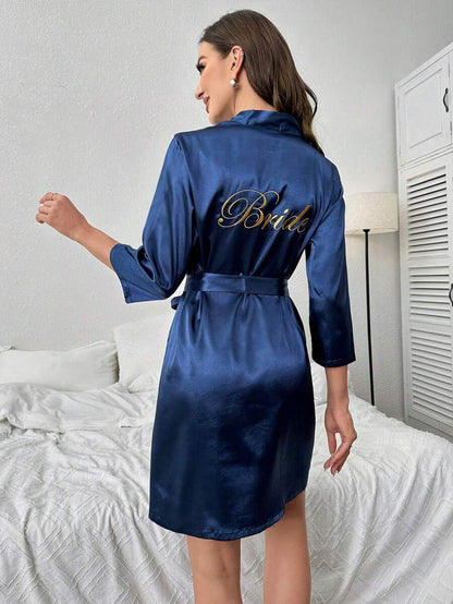 Letter Embroidery Belted Satin Bride Robe