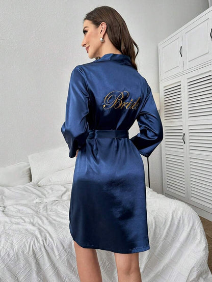 Letter Embroidery Belted Satin Bride Robe