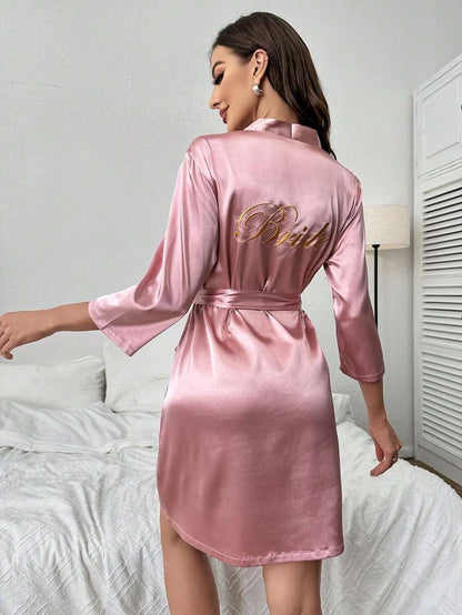 Letter Embroidery Belted Satin Bride Robe