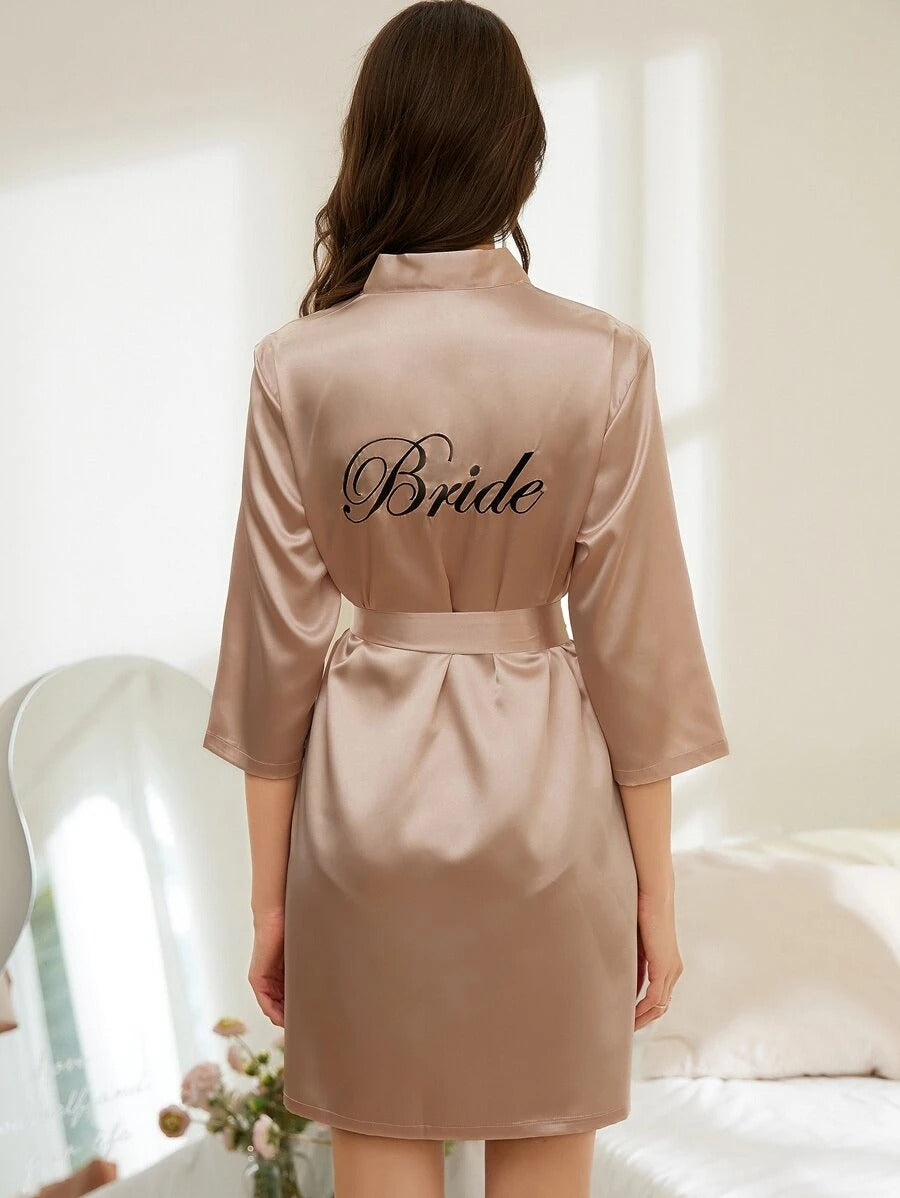 Letter Embroidery Belted Satin Bride Robe