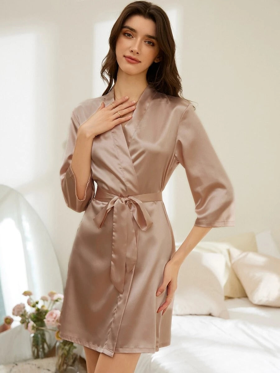 Letter Embroidery Belted Satin Bride Robe Brown