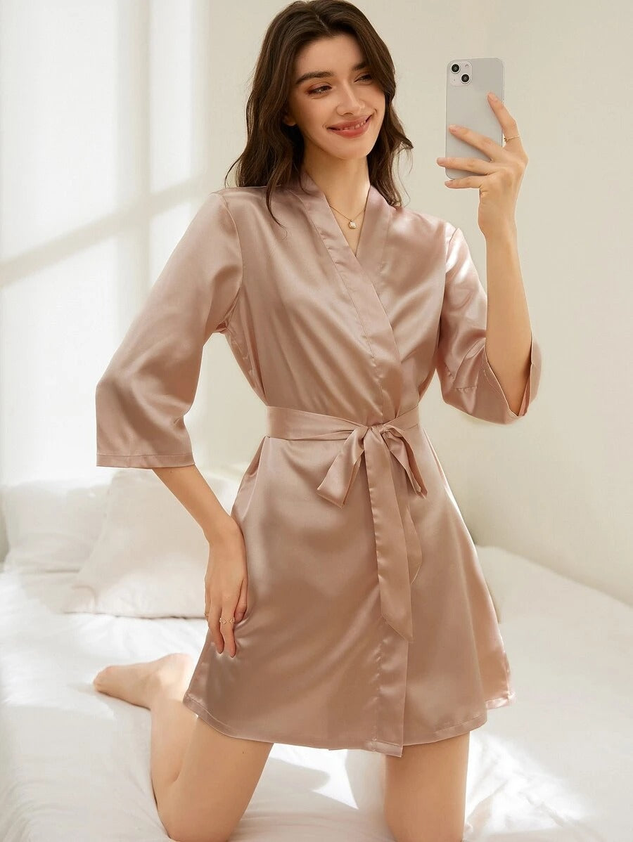 Letter Embroidery Belted Satin Bride Robe