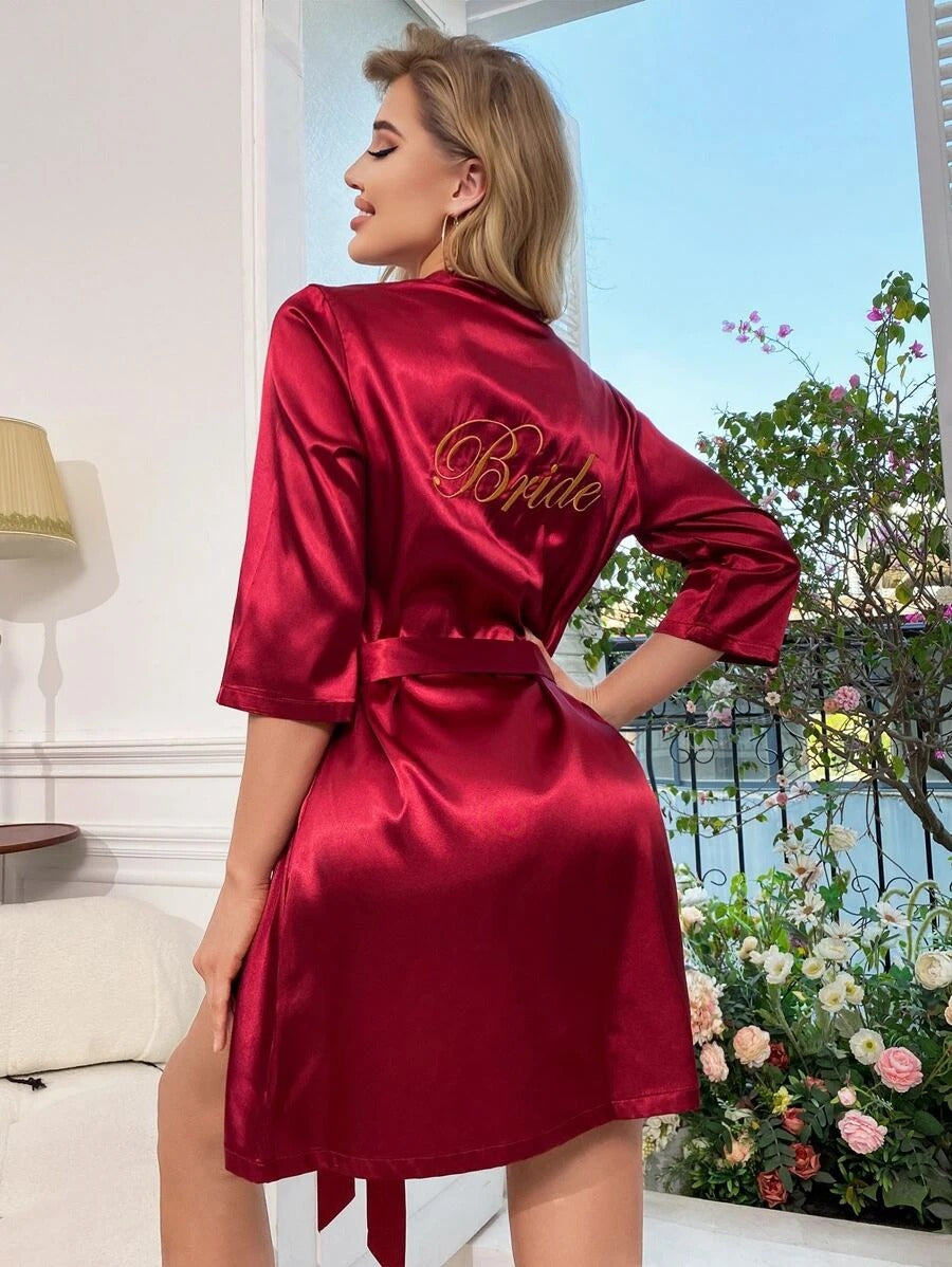 Letter Embroidery Belted Satin Bride Robe