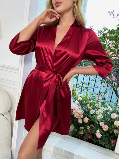 Letter Embroidery Belted Satin Bride Robe Maroon