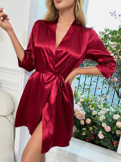 Letter Embroidery Belted Satin Bride Robe