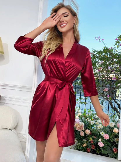 Letter Embroidery Belted Satin Bride Robe