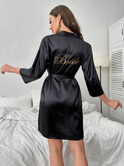 Letter Embroidery Belted Satin Bride Robe