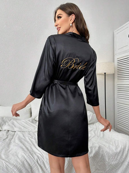 Letter Embroidery Belted Satin Bride Robe