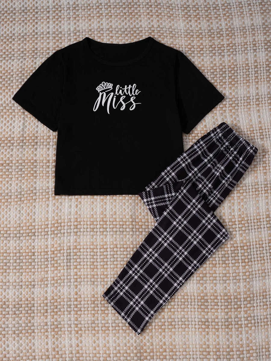 Letter Graphic Tee And Plaid Pants Pajama Set