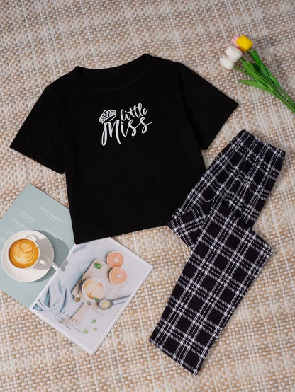 Letter Graphic Tee And Plaid Pants Pajama Set