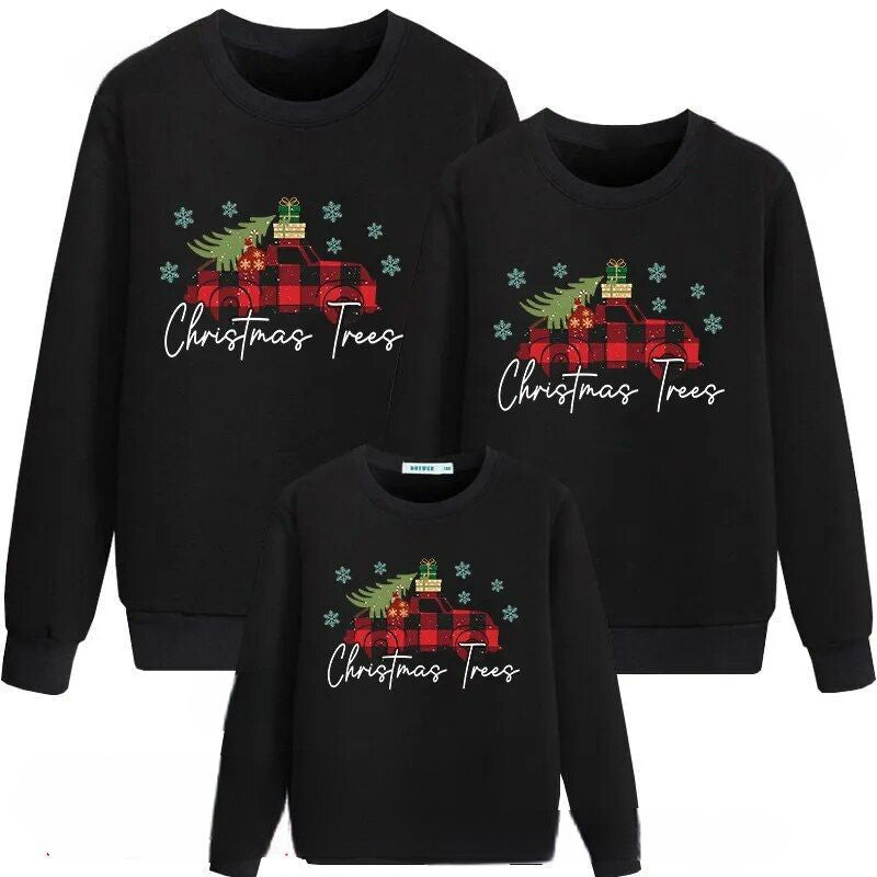 Long Sleeve Christmas Trees Printed Sweatshirt Black