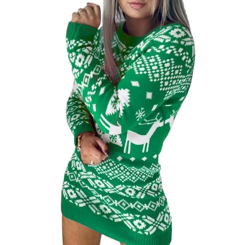 Long Sleeve Knitted Christmas Themed Dress Green