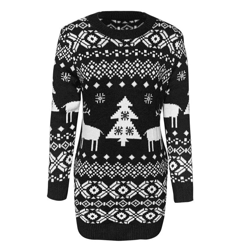 Long Sleeve Knitted Christmas Themed Dress Black