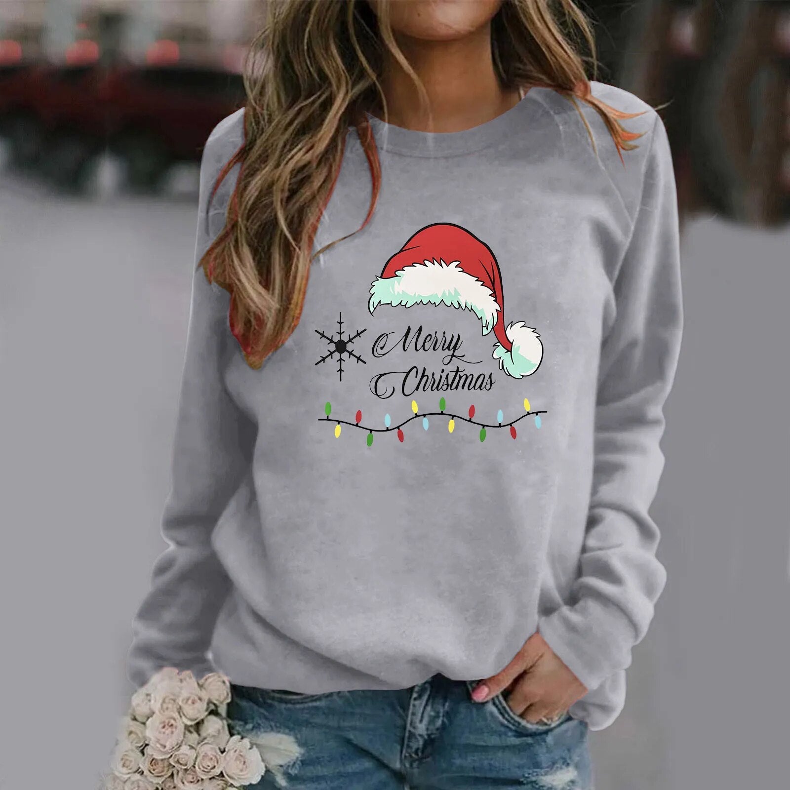 Merry Christmas Printed Pullover Sweatshirt Gray