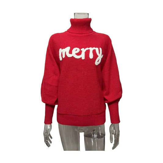 Merry Printed Long Sleeve Christmas Sweater Red