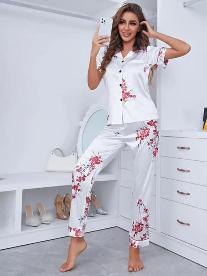 Notch Collar Floral Satin Pajama Set