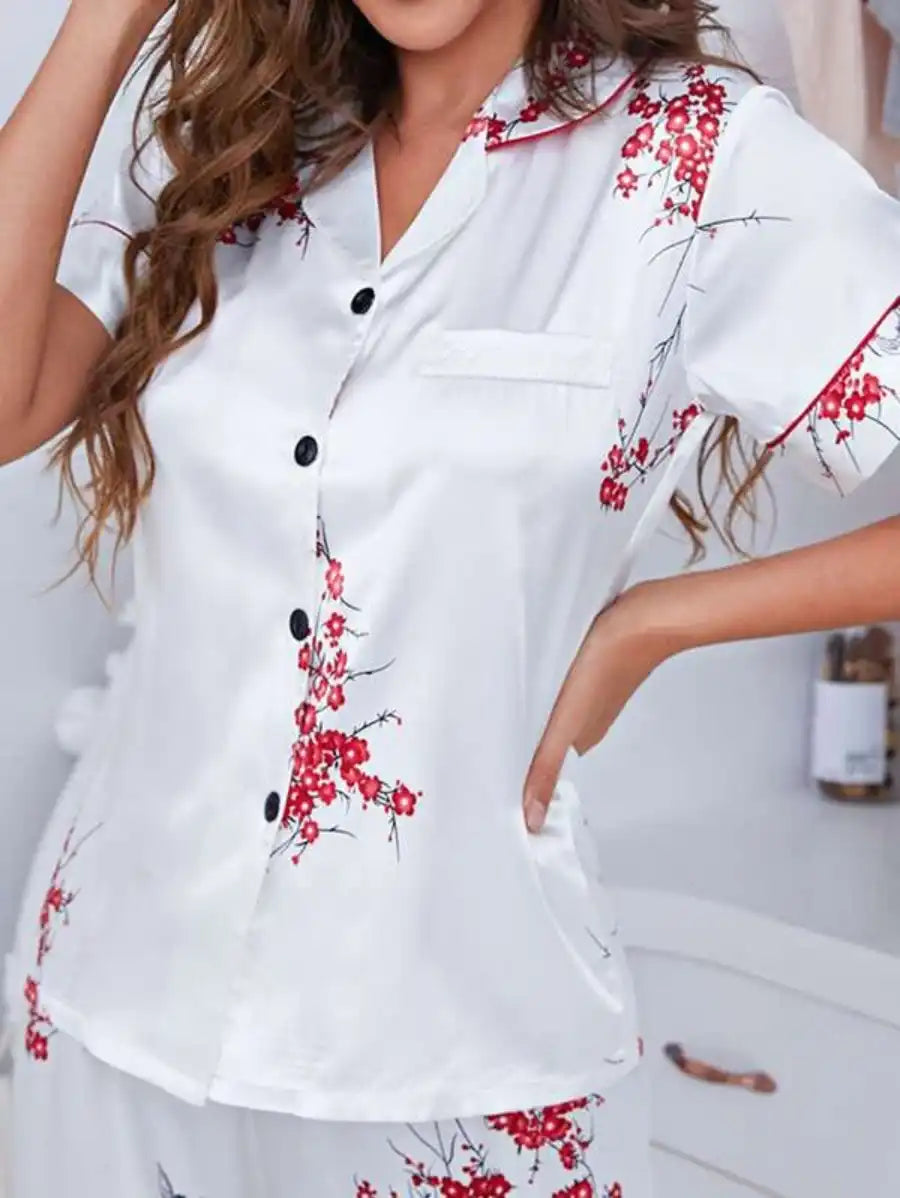 Notch Collar Floral Satin Pajama Set