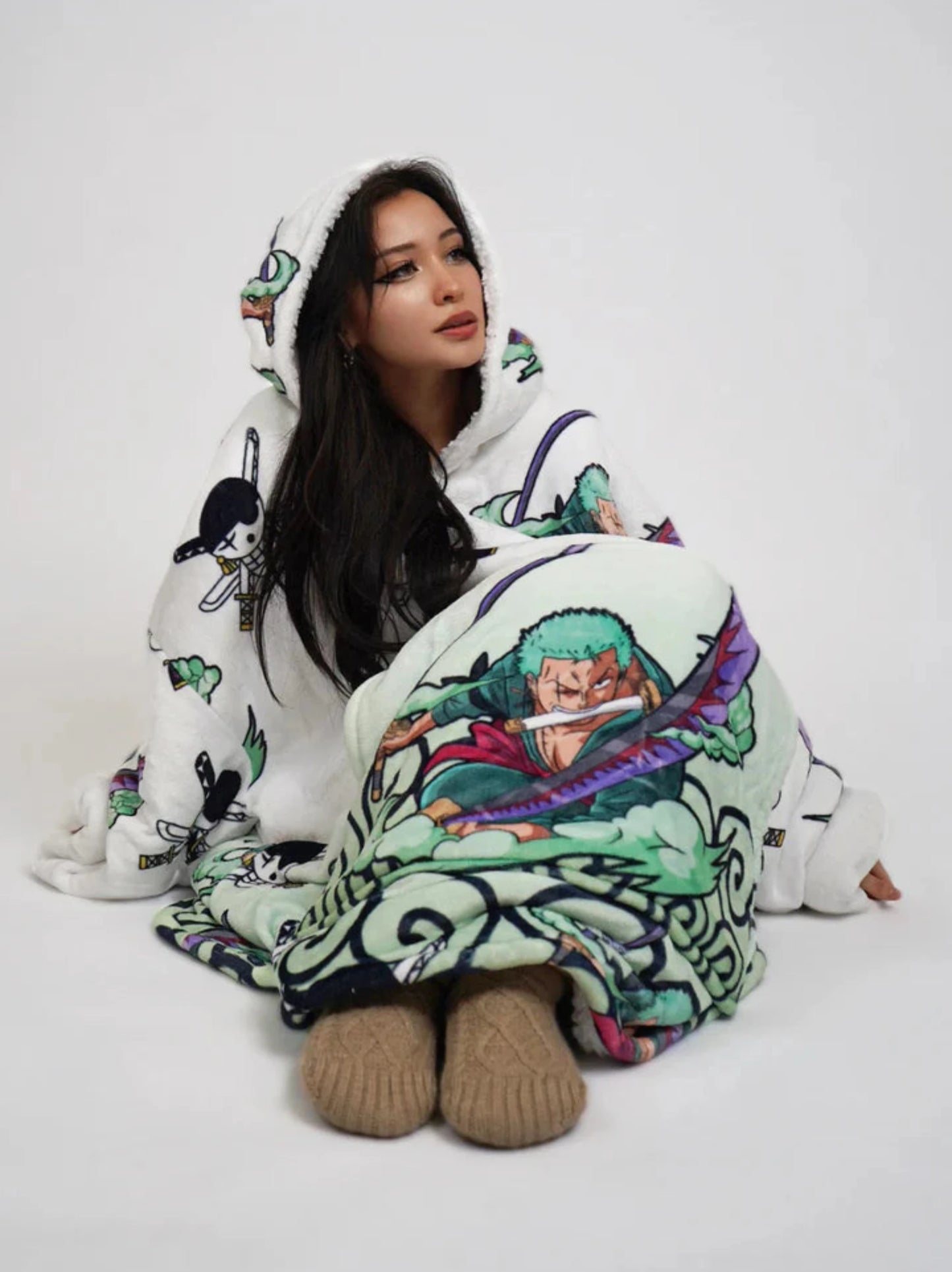 Anime Oversized Cozy Blanket Hoodie Light Green