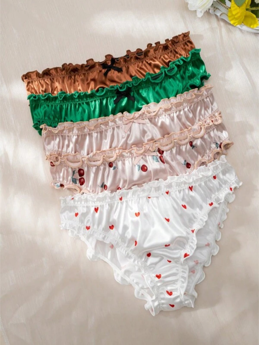 Pack Of 5 Cherry Print Lettuce Trim Satin Panty