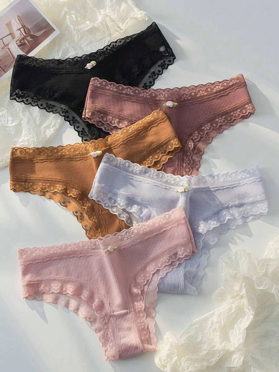 Pack Of 5 Contrast Lace Bow Front Panty L