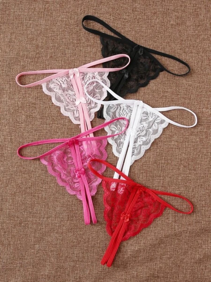 Pack Of 5 Floral Lace Crotchless Thong Set