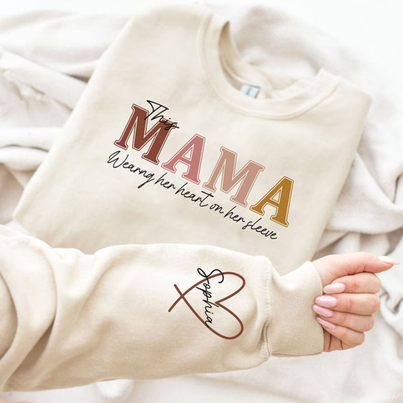 Customized Wear Heart On Sleeve Mama Sweatshirt Hoodie With Kid Names on Sleeves Mother's Day Birthday Gift