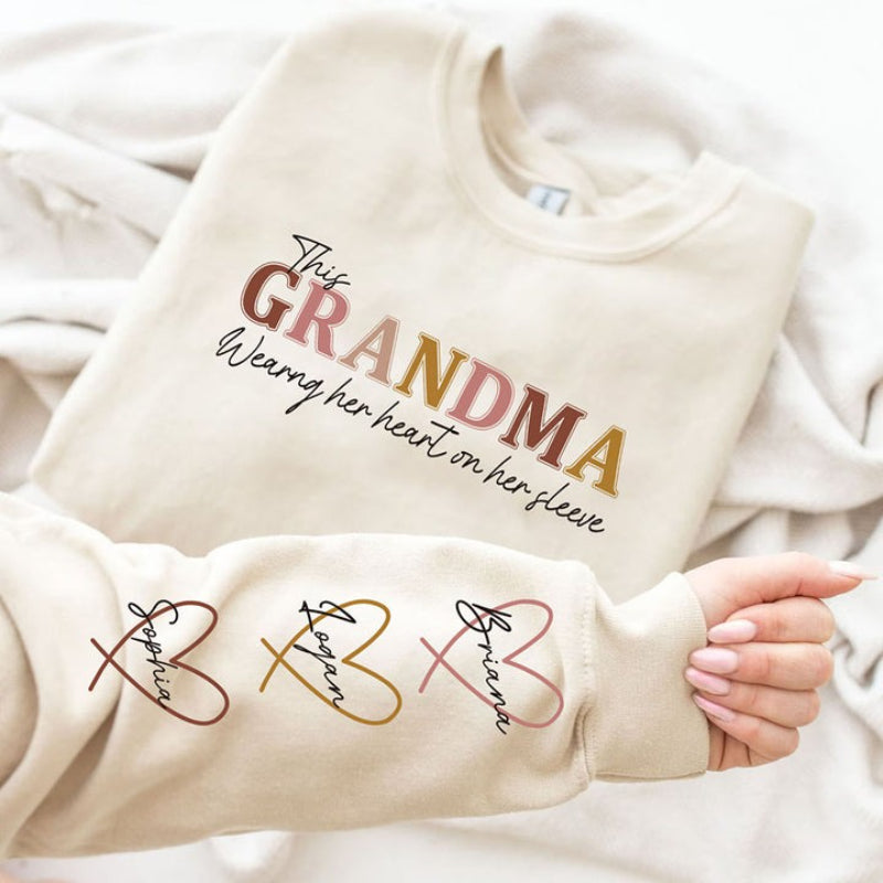 Customized Wear Heart On Sleeve Mama Sweatshirt Hoodie With Kid Names on Sleeves Mother's Day Birthday Gift