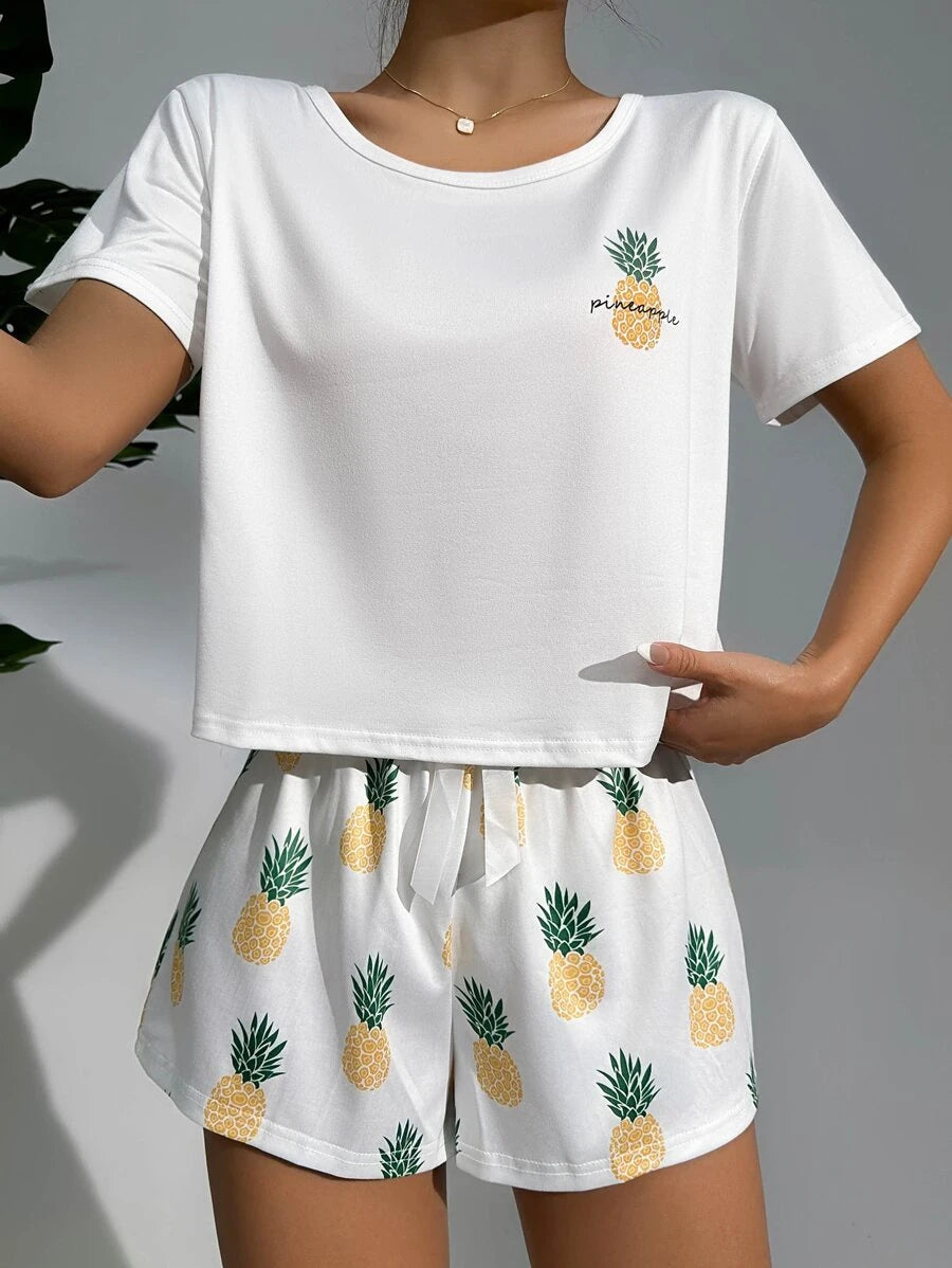 Pineapple Print Tee And Shorts Set