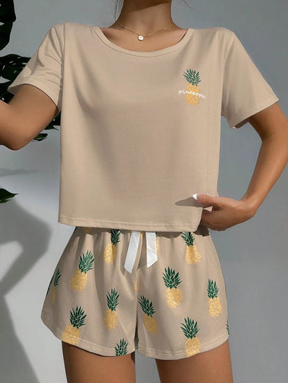 Pineapple Print Tee And Shorts Set