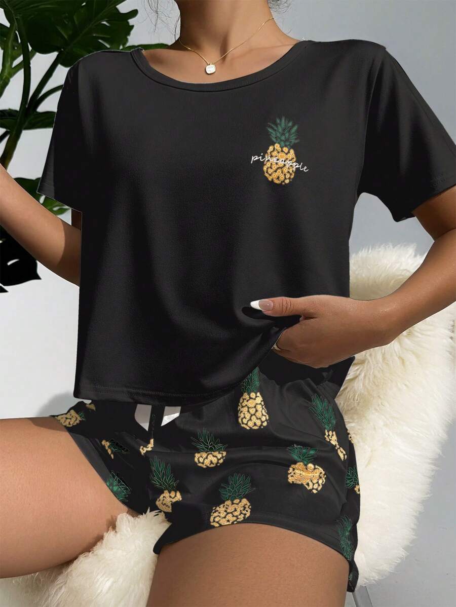 Pineapple Print Tee And Shorts Set