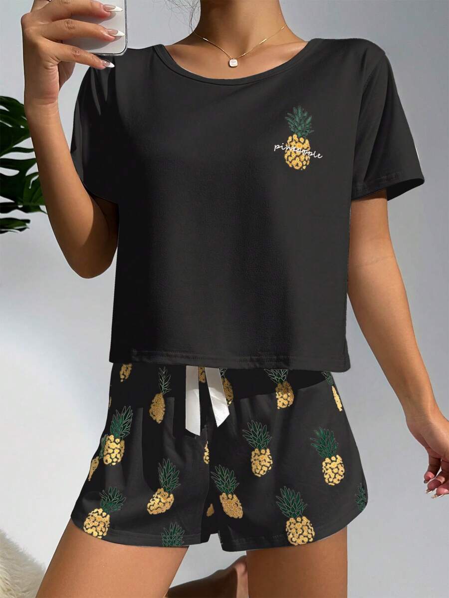 Pineapple Print Tee And Shorts Set