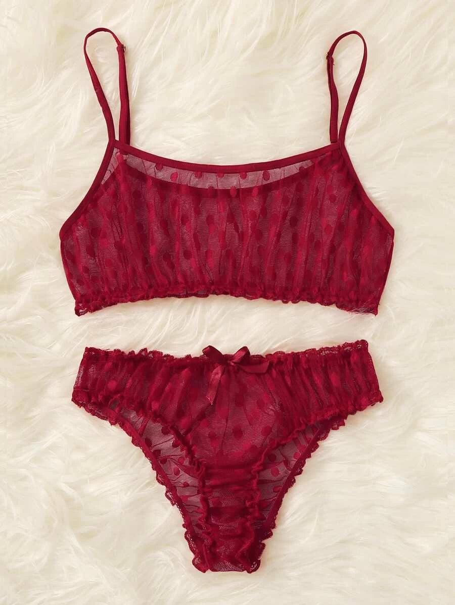 Polka Dot Mesh Frill Trim Lingerie Set Maroon