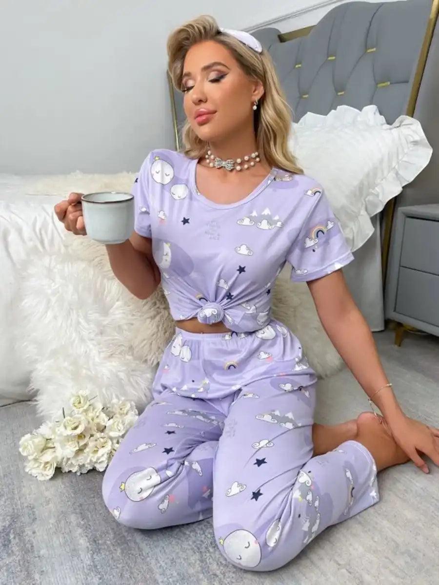 Printed Cartoon Graphic Pajama Set With Sleep Mask