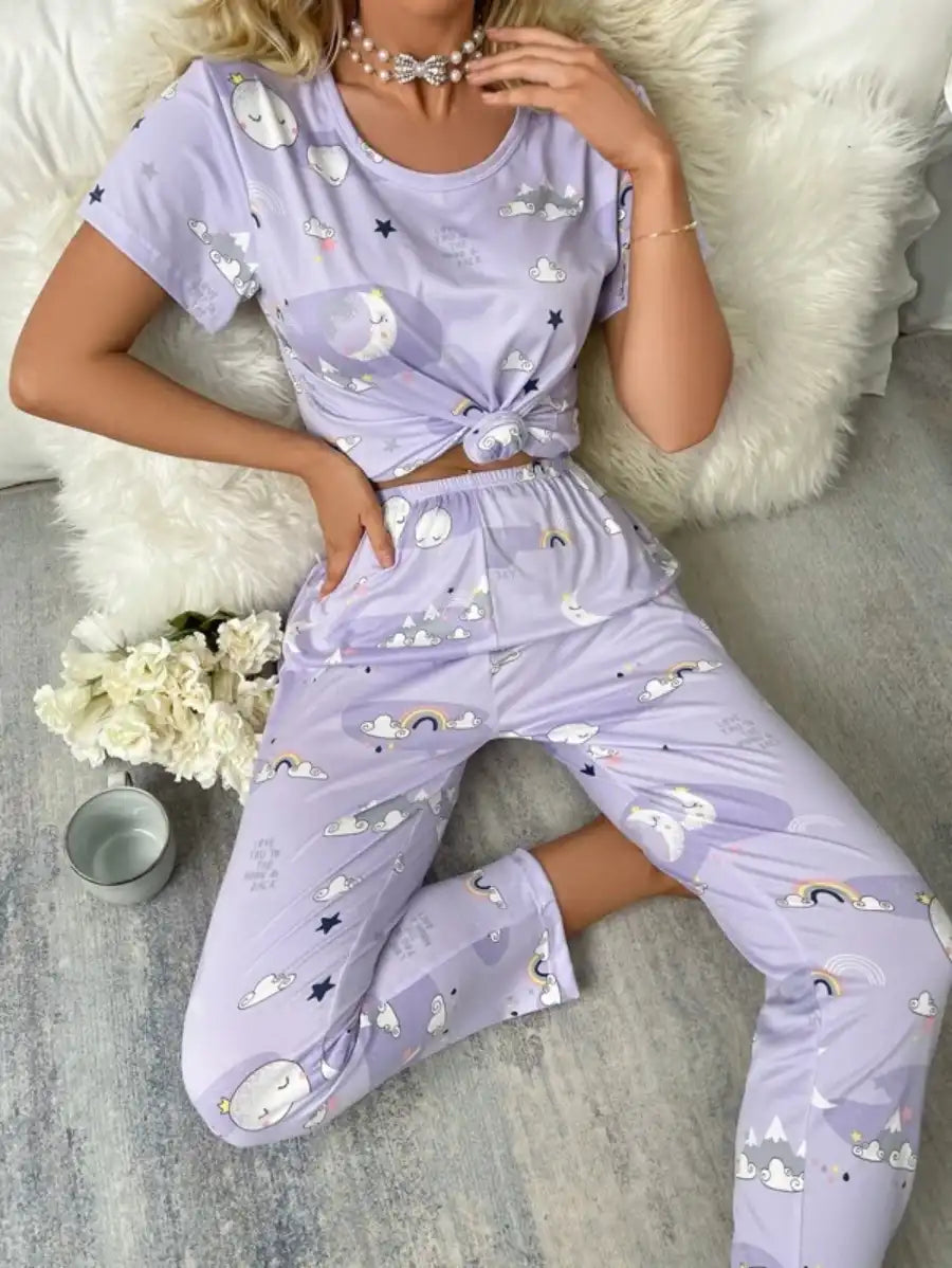 Printed Cartoon Graphic Pajama Set With Sleep Mask