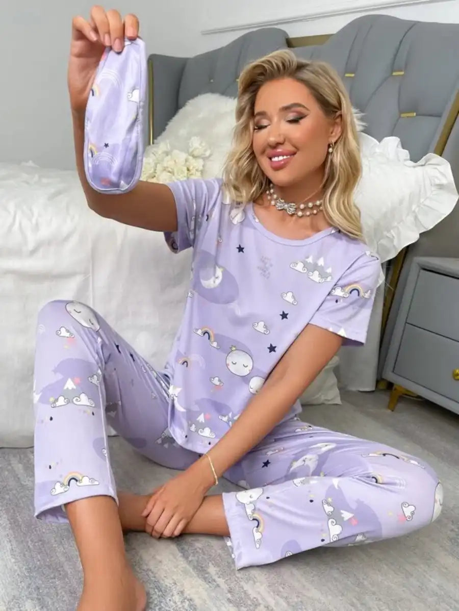 Printed Cartoon Graphic Pajama Set With Sleep Mask