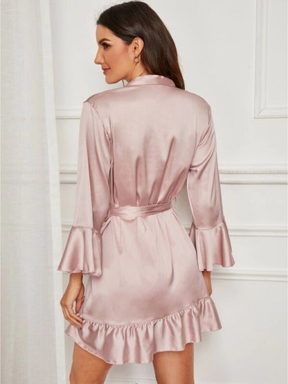 Ruffle Hem Belted Satin Robe