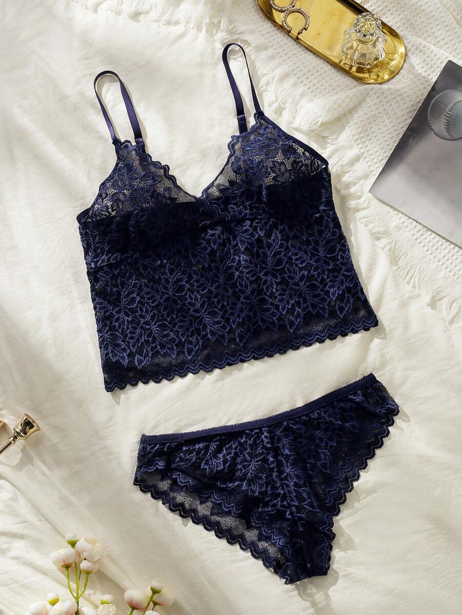 Scallop Trim Lace Lingerie Set Dark Blue