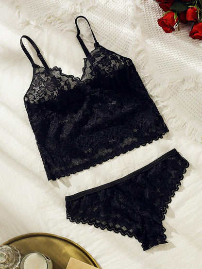 Scallop Trim Lace Lingerie Set Black