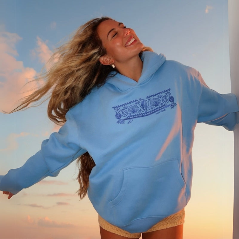 Seashell Embroidered Oversized Hoodie Blue