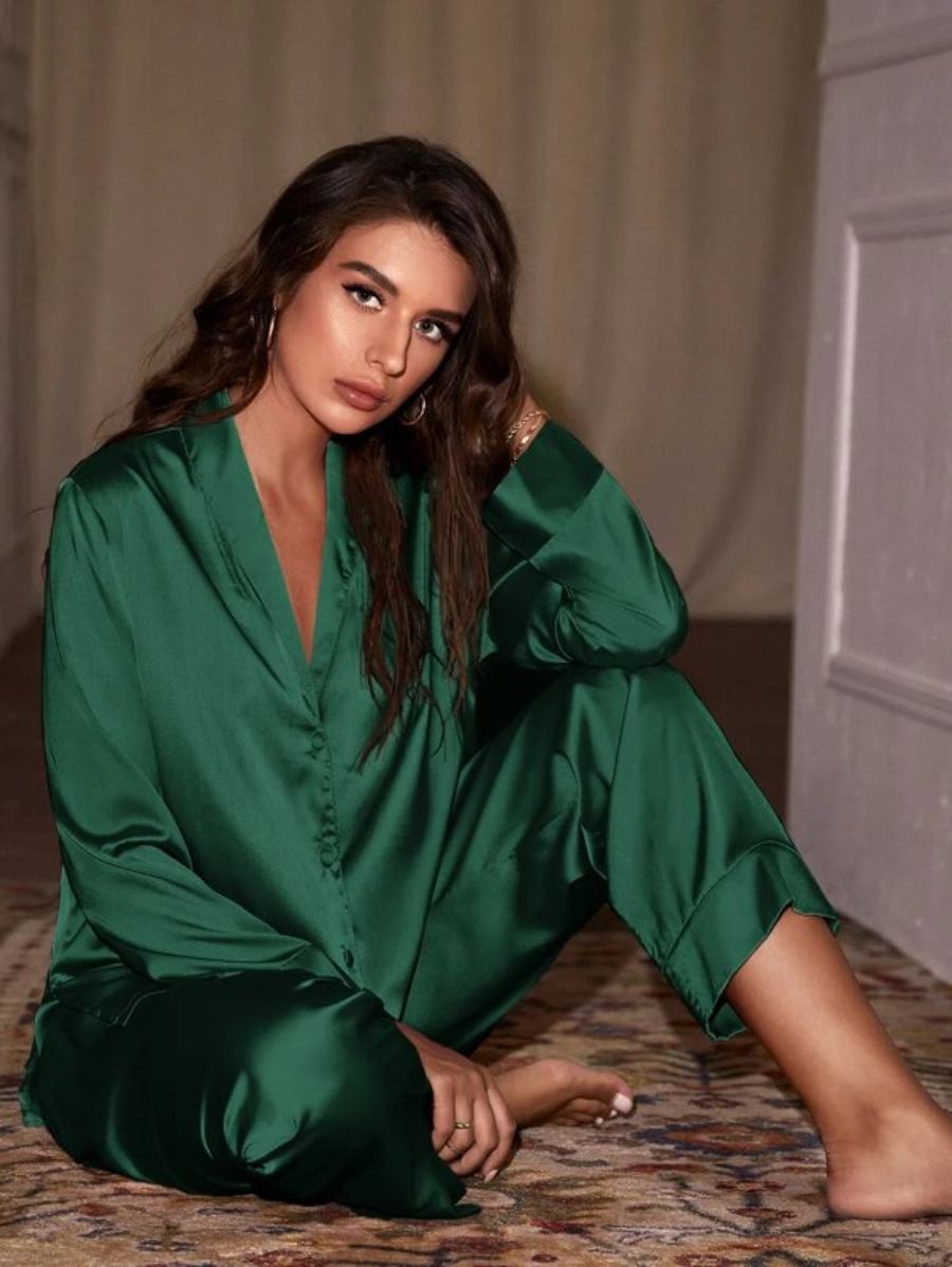 Shawl Neck Satin Night Set Green